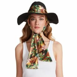 Best Pirce ⌛ Steve Madden Scarf-Trim Wild-Brim Floppy Straw Hat Black/neutral 😀