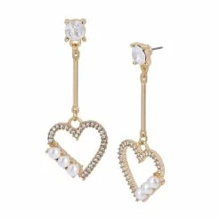 Budget โ Steve Madden Heart Imitation Pearl Linear Earrings Crystal, Gold โ