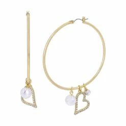 Hot Sale 👍 Steve Madden Heart Charm Hoop Earrings Crystal, Gold 🥰