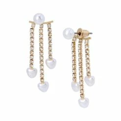 Best Pirce 🔥 Steve Madden Imitation Pearl Fringe Front Back Earrings Crystal, Gold 🥰