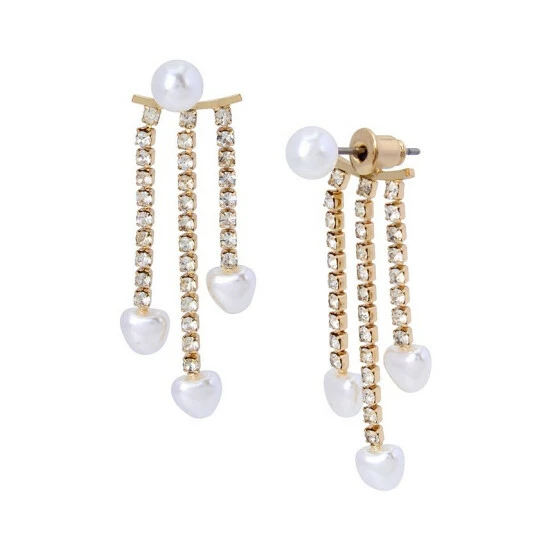 Best Pirce 🔥 Steve Madden Imitation Pearl Fringe Front Back Earrings Crystal, Gold 🥰