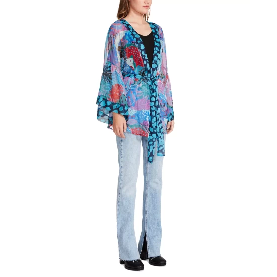 Cheap ⭐ Steve Madden 👩 Women's Tropical Jungle Tie Front Kimono Wrap Blue Tropical 💯 - Image 5