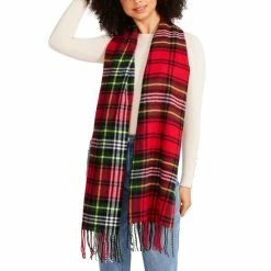 Best Sale 🥰 Steve Madden 👩 Women's Tartan Plaid Scarf With Fringe Detail 🎄 Christmas Red ⌛