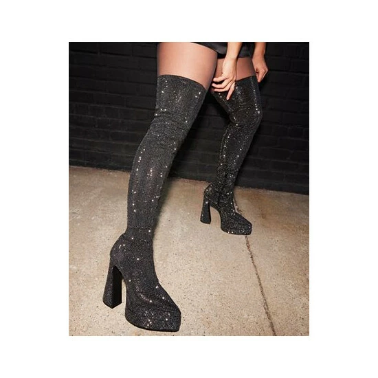 Best deal 🌟 Steve Madden 👩 Women's Sultry Rhinestone Over-The-Knee Platform 👗 Dress 🥾 Boots Black Rhinestone 😍 - Image 6