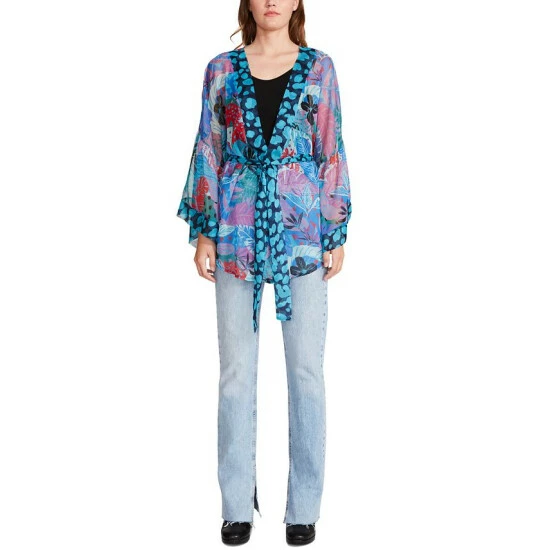 Cheap ⭐ Steve Madden 👩 Women's Tropical Jungle Tie Front Kimono Wrap Blue Tropical 💯
