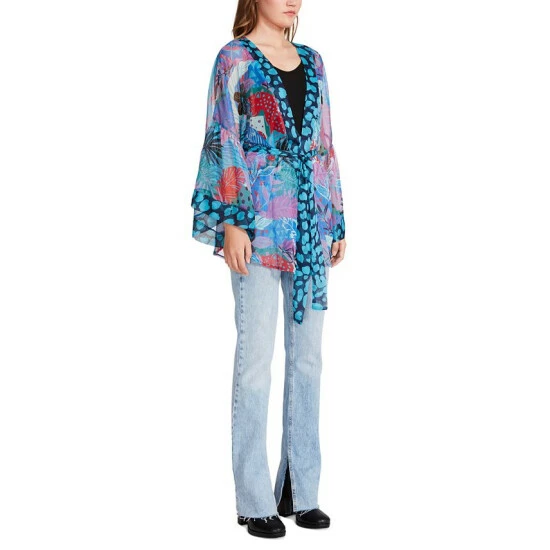 Cheap ⭐ Steve Madden 👩 Women's Tropical Jungle Tie Front Kimono Wrap Blue Tropical 💯 - Image 4