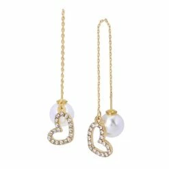 Deals 🌟 Steve Madden Heart Imitation Pearl Front Back Earrings Crystal, Gold 💯