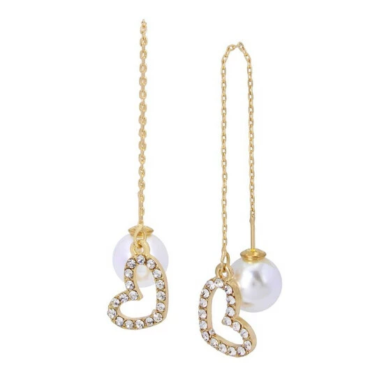 Deals 🌟 Steve Madden Heart Imitation Pearl Front Back Earrings Crystal, Gold 💯