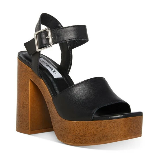 Brand new ⭐ Steve Madden 👩 Women's Kye Two-Piece Wooden Platform 🩴 Sandals Black 👍