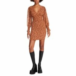 Buy 🔥 Steve Madden 👩 Women's Printed Carly Smocked 👗 Dress Mocha Bisque 🛒