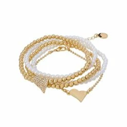 Budget ๐ฅ Steve Madden Heart Imitation Pearl Bracelet Set, 5 Pieces Crystal, Gold ๐